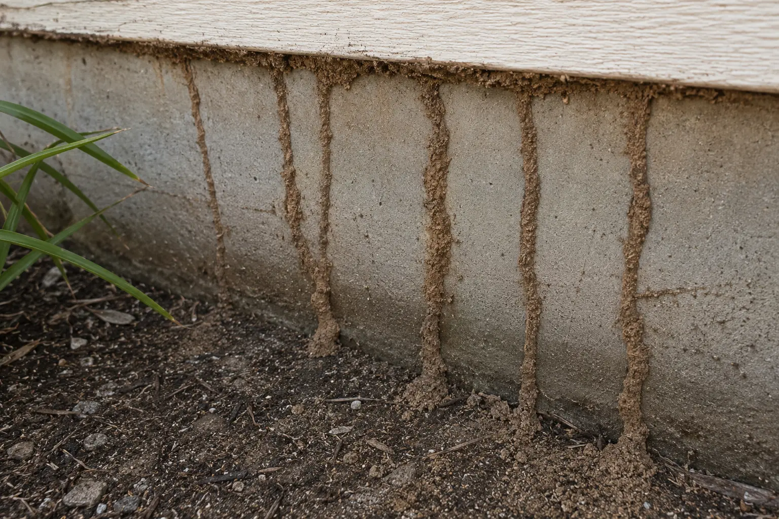 Mud tubes built by subterranean termites on a concrete foundation